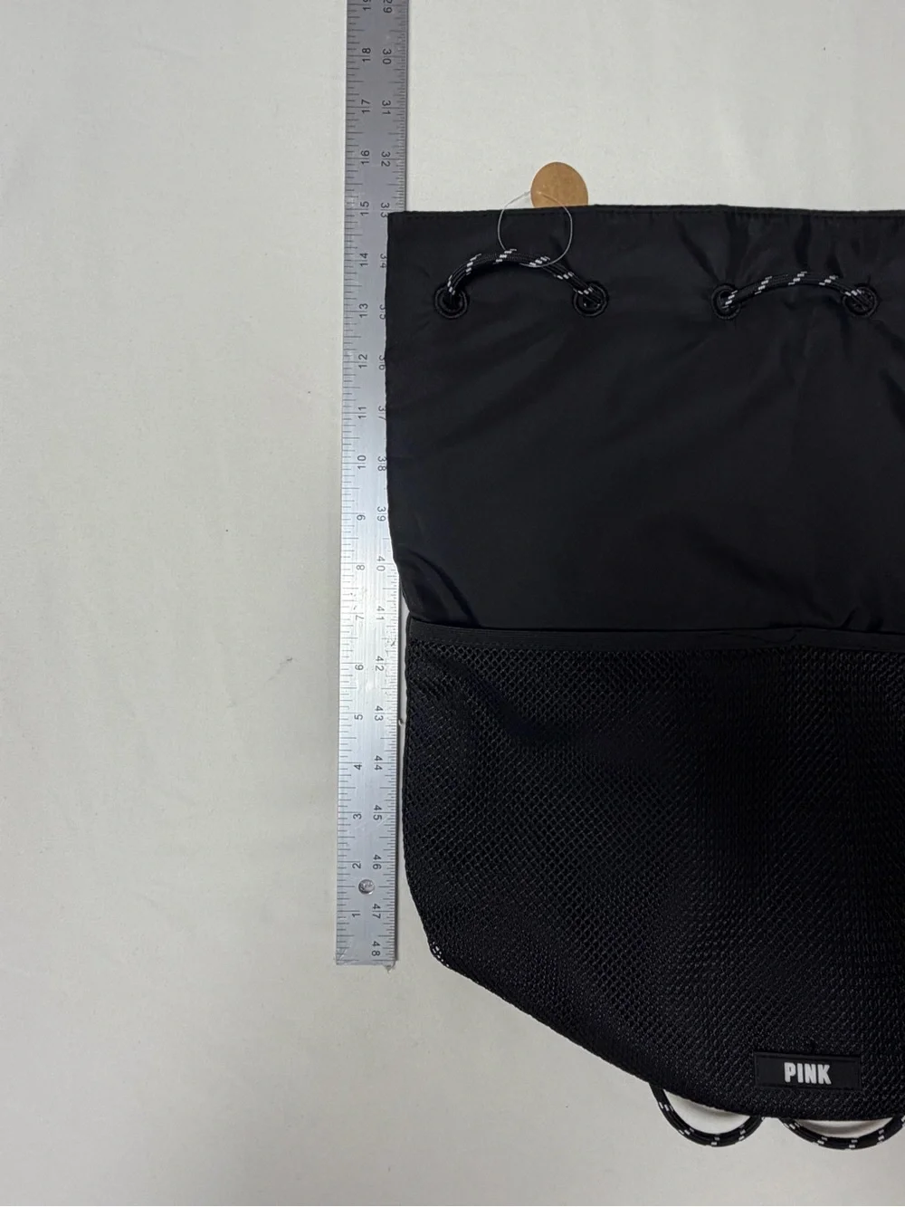 NWT-Victoria’s Secret PINK Drawstring Black Nylon & Mesh Backpack 16 x 16 x 9